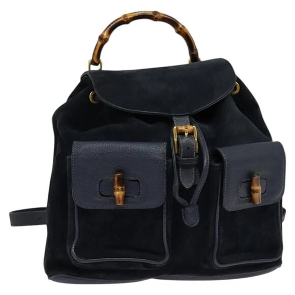 GUCCI Bamboo Backpack Suede Navy Gold 003 2058 0016 Auth fm4677 - Picture 1 of 16
